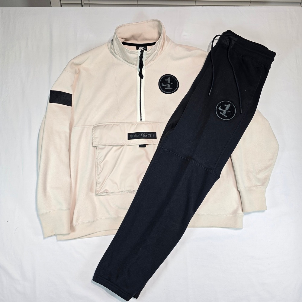 Nike Air Force 1 Fleece Tracksuit Set Mens L Cream Half Zip Pullover AJ0801-102